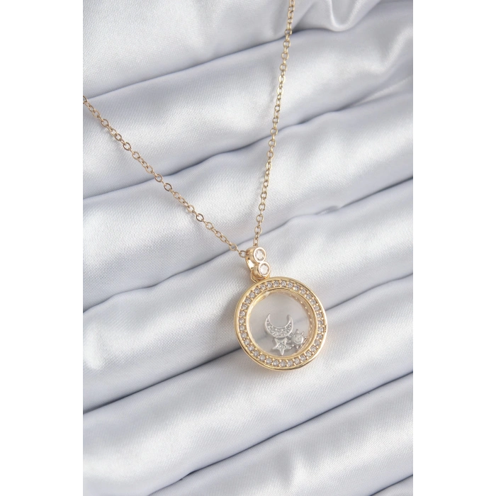 ÇOK SATAN 316L Çelik Gold Renk Zirkon Taş Detay Ay Yıldız Fanus Model Kadın Kolye
