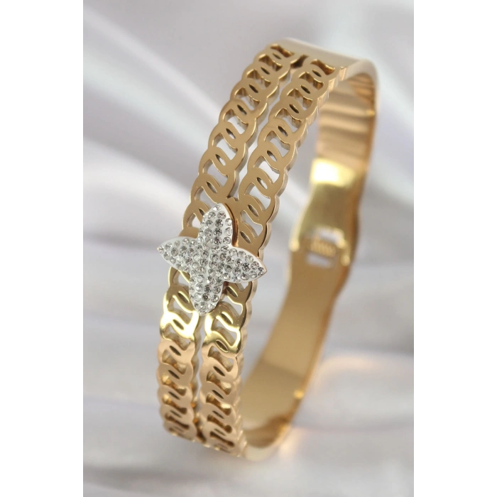 ÇOK SATAN 316L Çelik Gold Renk Zirkon Taşlı Çiçek Model Kadın Kelepçe