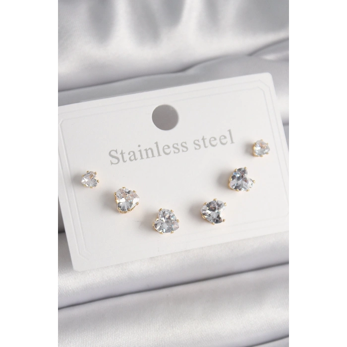 ÇOK SATAN 316L Çelik Gold Renk Zirkon Taşlı Kalp Model Kadın Küpe Seti