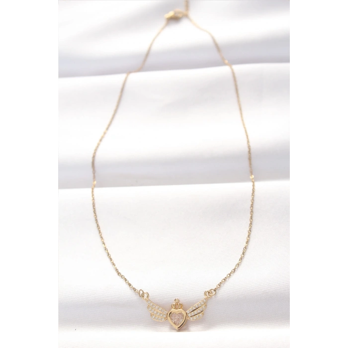 ÇOK SATAN 316L Çelik Gold Renk Zirkon Taşlı Kalpli Kanat Kolye