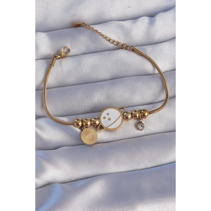 ÇOK SATAN 316L Çelik Gold Renk Zirkon Taşlı Mineli Satürn Tasarımlı Bileklik