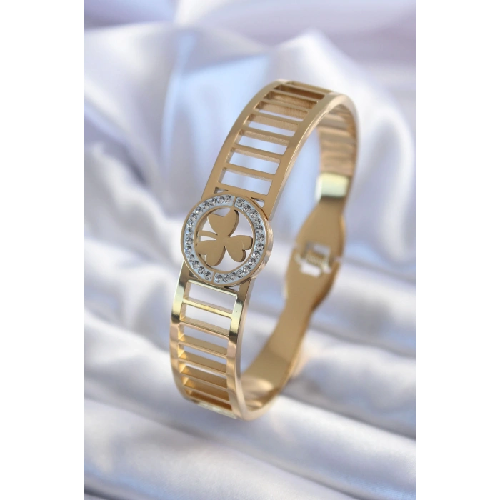 ÇOK SATAN 316L Çelik Gold Renk Zirkon Taşlı Yonca Model Kadın Kelepçe