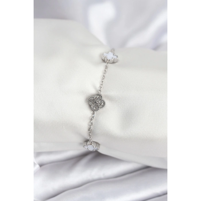 ÇOK SATAN 316L Çelik Gümüş Renk Beyaz ve Zirkon Taşlı Baby Boy Yonca Kadın Bileklik