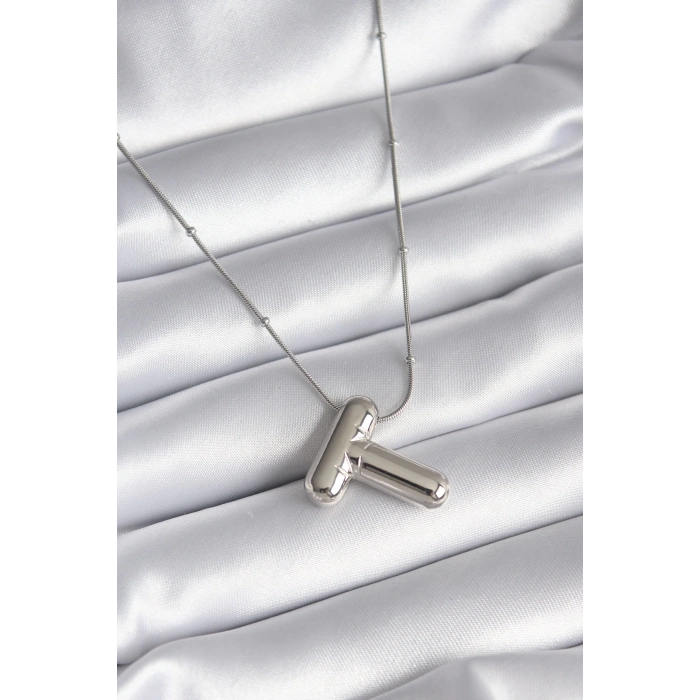 ÇOK SATAN 316L Çelik Gümüş Renk Bubble T Harf Model Kadın Kolye