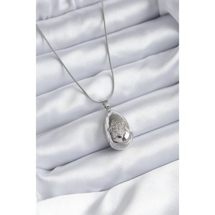 ÇOK SATAN 316L Çelik Gümüş Renk Damla Model Yıldız İşleme Zirkon Taş Detay Kadın Kolye