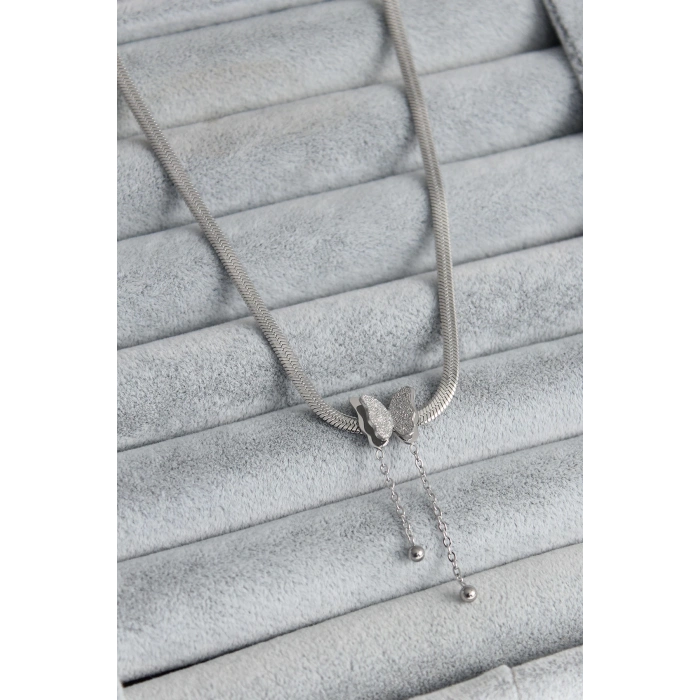 ÇOK SATAN 316L Çelik Gümüş Renk İtalyan Zincir Model Simli Kelebek Figür Kadın Kolye