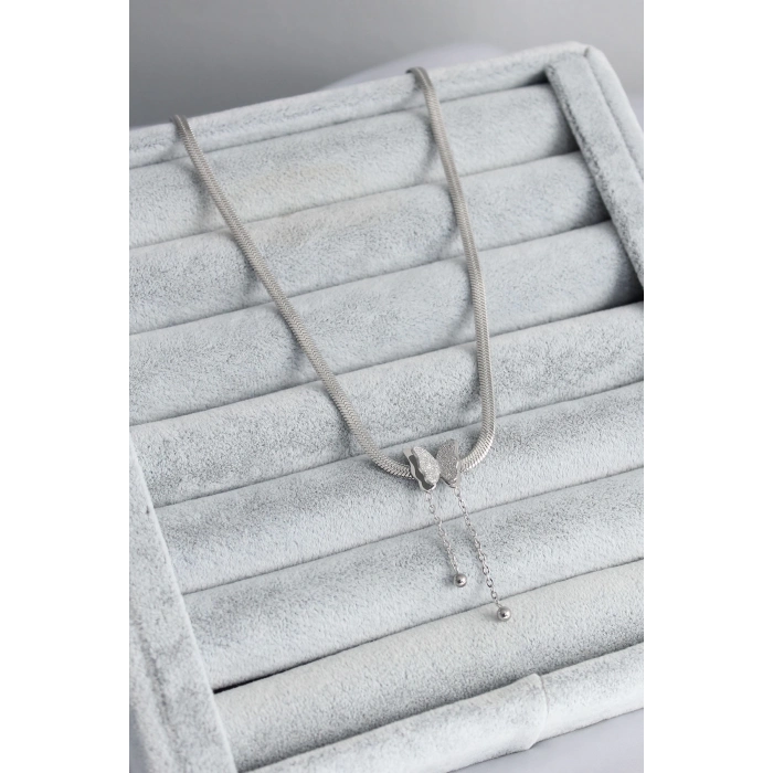 ÇOK SATAN 316L Çelik Gümüş Renk İtalyan Zincir Model Simli Kelebek Figür Kadın Kolye