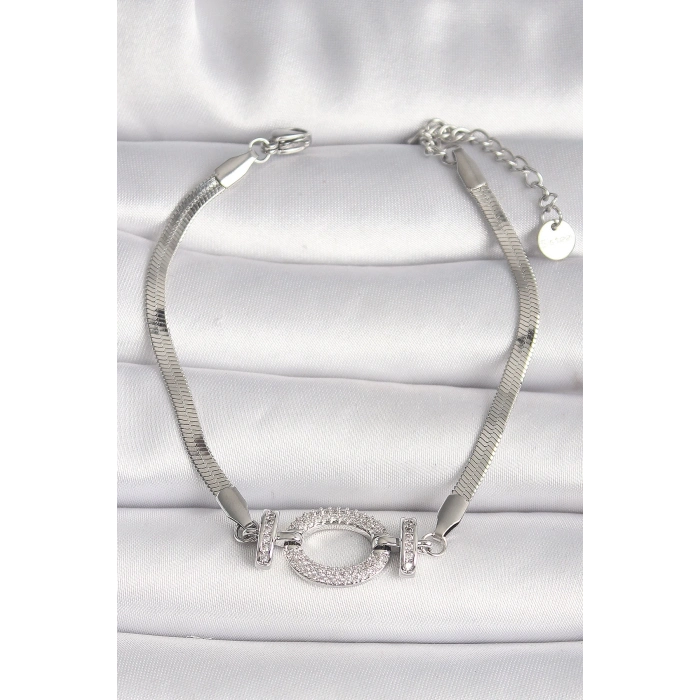 ÇOK SATAN 316L Çelik Gümüş Renk İtalyan Zincir Model Zirkon Taşlı Halka Figür Kadın Bileklik