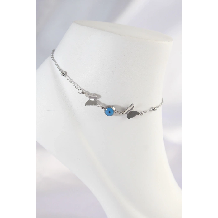 ÇOK SATAN 316L Çelik Gümüş Renk Nazar Boncuk Detay Kelebek Halhal