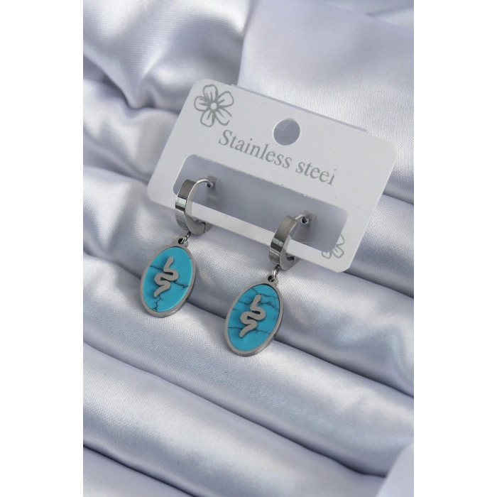 ÇOK SATAN 316L Çelik Gümüş Renk Oval Mavi Taşlı Yılan Figür Kadın Küpe