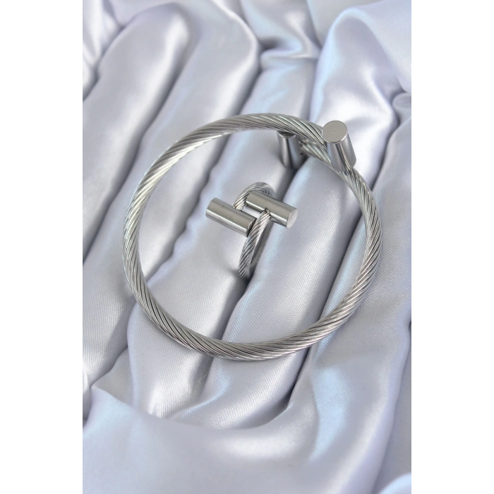 ÇOK SATAN 316L Çelik Gümüş Renk Sarmal Model Erkek Bileklik Yüzük Kombini