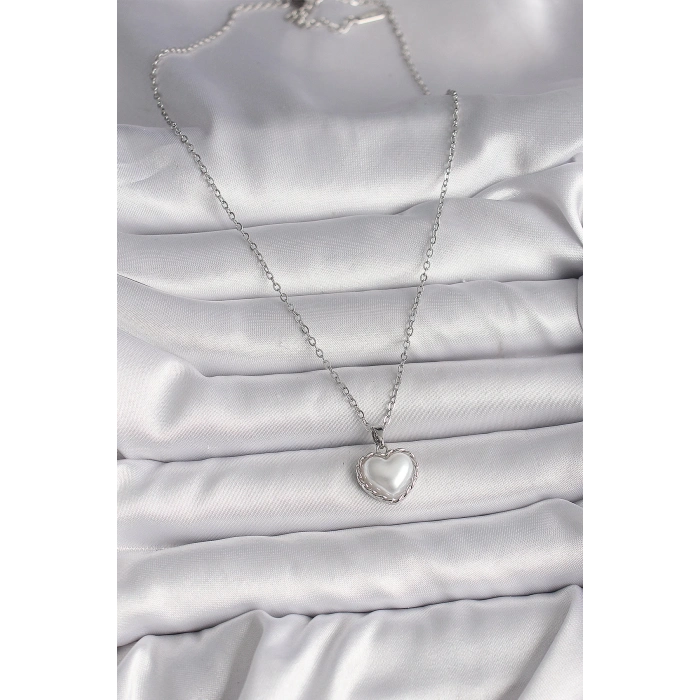 ÇOK SATAN 316L Çelik Gümüş Renk Zincir 3D İnci Kalp Model Kadın Kolye