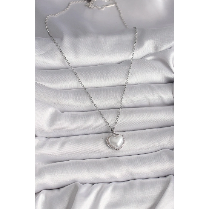 ÇOK SATAN 316L Çelik Gümüş Renk Zincir 3D İnci Kalp Model Kadın Kolye