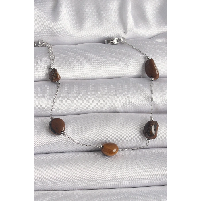 ÇOK SATAN 316L Çelik Gümüş Renk Zincir Kahverengi Doğaltaş Model Kadın Bileklik