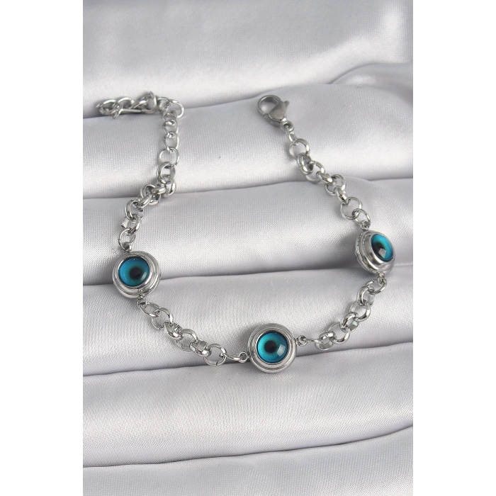 ÇOK SATAN 316L Çelik Gümüş Renk Zincir Model Nazar Boncuklu Kadın Bileklik