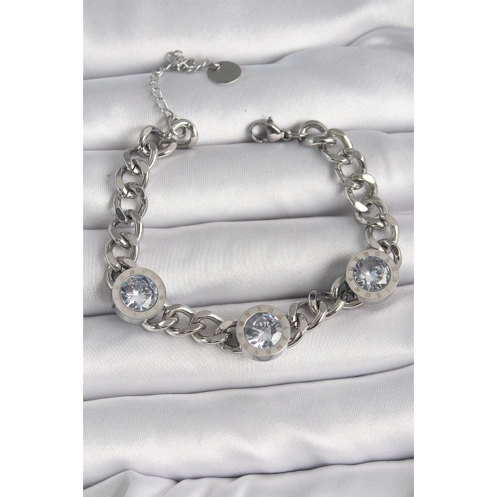 ÇOK SATAN 316L Çelik Gümüş Renk Zincir Model Zirkon Taşlı İşleme Detaylı Kadın Bileklik