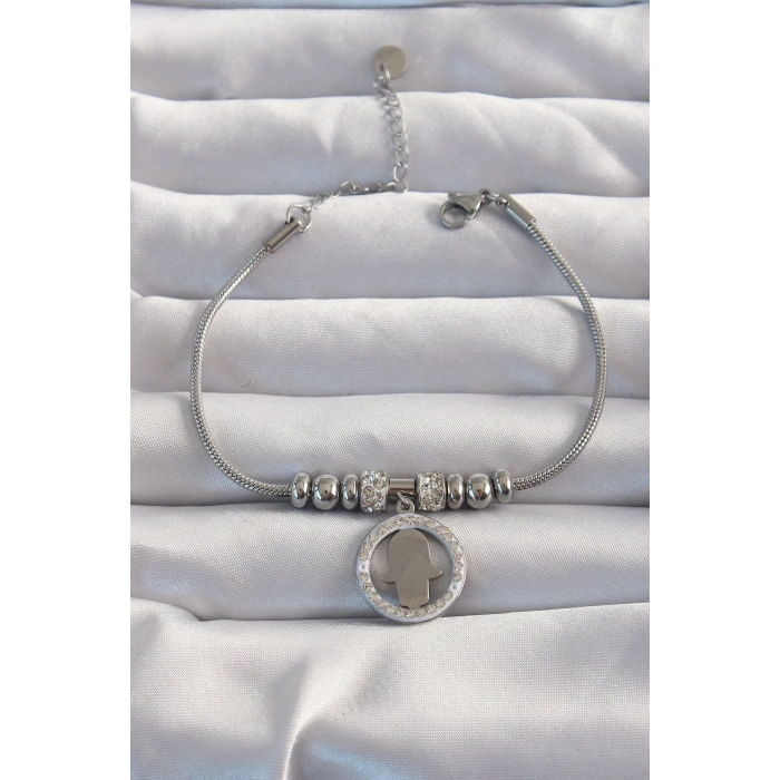 ÇOK SATAN 316L Çelik Gümüş Renk Zirkon Taş Aksesuarlı Fatma Ana Eli Bileklik