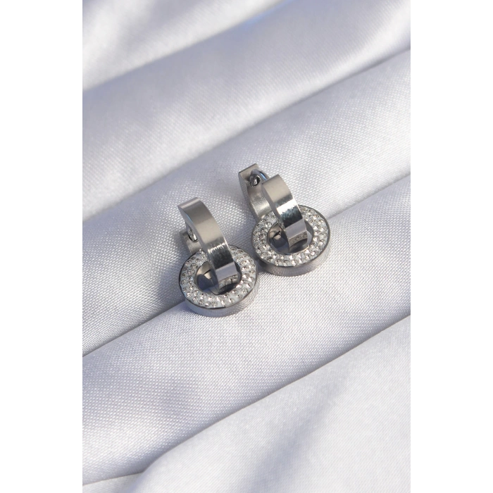 ÇOK SATAN 316L Çelik Gümüş Renk Zirkon Taşlı İç İçe Geçmeli Oval Küpe