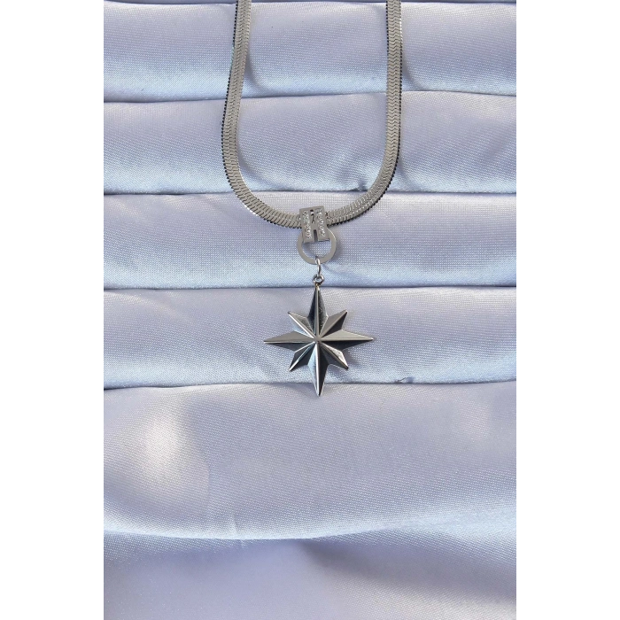 ÇOK SATAN 316L Çelik Gümüş Renk Zirkon Taşlı İtalyan Zincirli Kutup Yıldızı Kolye