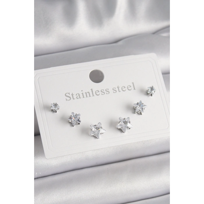 ÇOK SATAN 316L Çelik Gümüş Renk Zirkon Taşlı Yıldız Model Kadın Küpe Seti