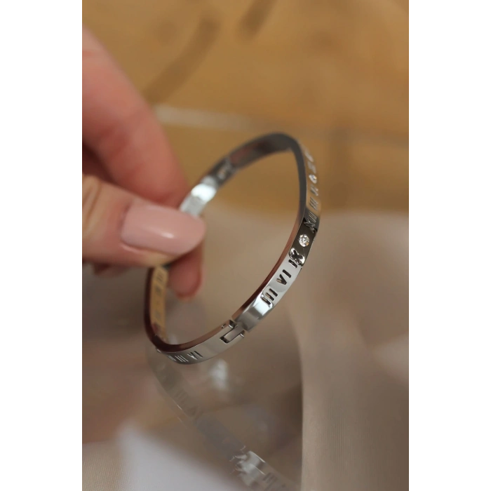 ÇOK SATAN 316L Çelik Roma Rakamlı Silver Renk Bilezik Kelepçe