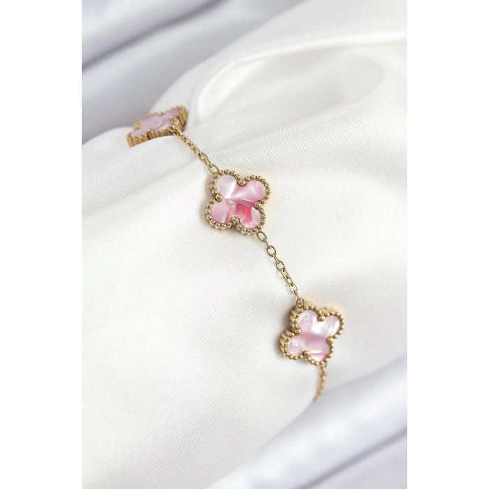 ÇOK SATAN 316L Çelik Sedefli Pembe Gold Renk Yonca Kadın Bileklik