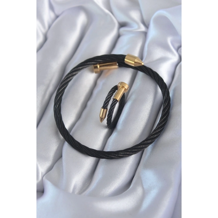 ÇOK SATAN 316L Çelik Siyah Renk Gold Detay Sarmal Model Erkek Bileklik Yüzük Kombini