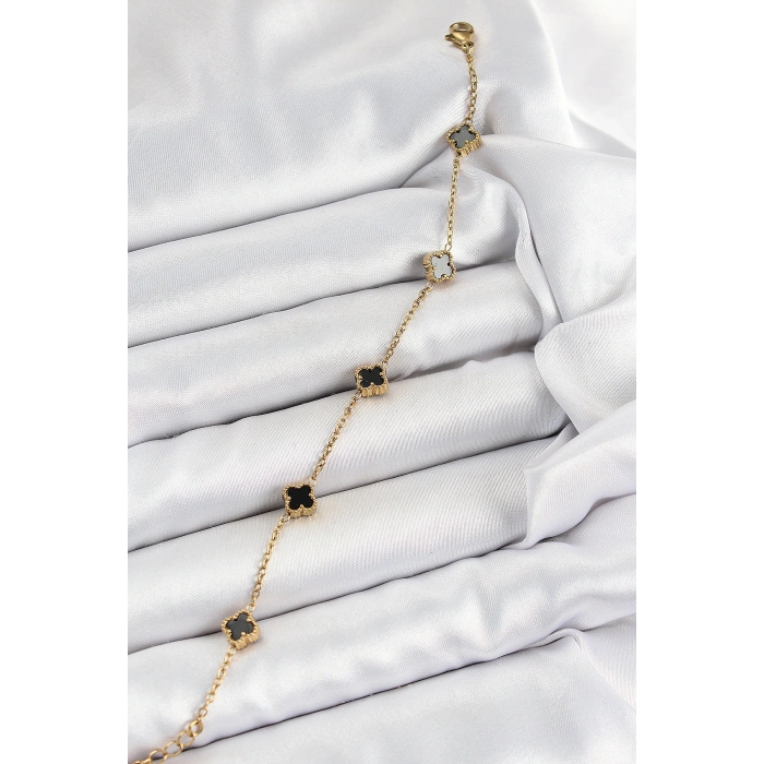 ÇOK SATAN 316L Çelik Siyah Sedef Yonca Model Gold Renk Kadın Bileklik