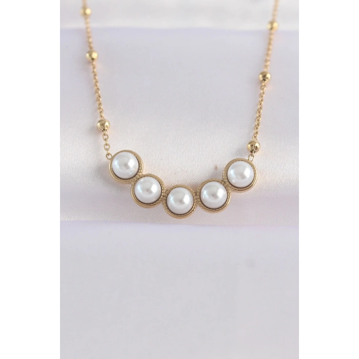 ÇOK SATAN 316L Çelik Zincir Altın Renk Sıralı İnci Taşlı Kolye