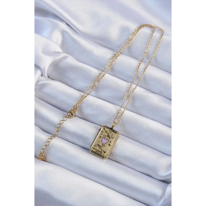 ÇOK SATAN 316L Çelik Zincir Eskitme Altın Renk Pembe Mineli Kalp Figürlü Tarot Kolye