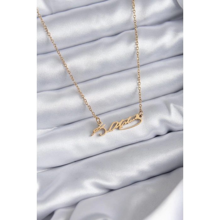 ÇOK SATAN 316L Çelik Zincir Gold Renk Atatürk İmzası Model Kadın Kolye