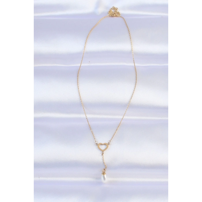 ÇOK SATAN 316L Çelik Zincir Gold Renk İnci Taş Detay Kalp Kolye