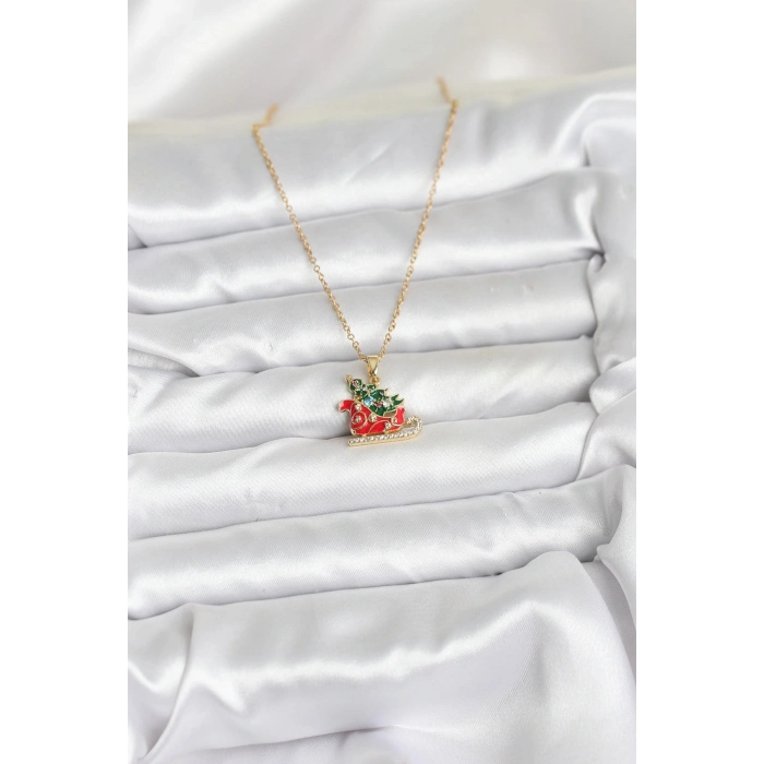 316L Çelik Zincir Gold Renk Kızak ve Çam Ağacı Figürlü Yılbaşı Temalı Kadın Kolye