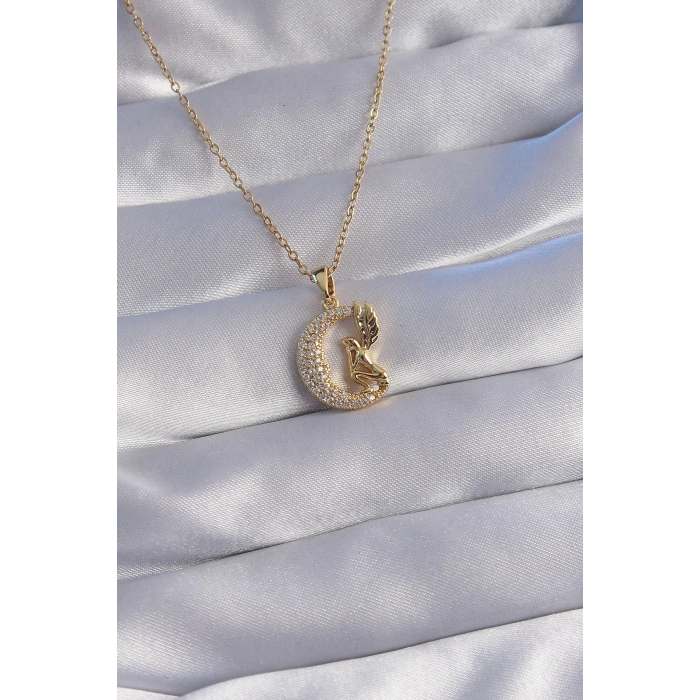 ÇOK SATAN 316L Çelik Zincir Gold Renk Kuş Figürlü Zirkon Taşlı Ay Tasarımlı Kolye