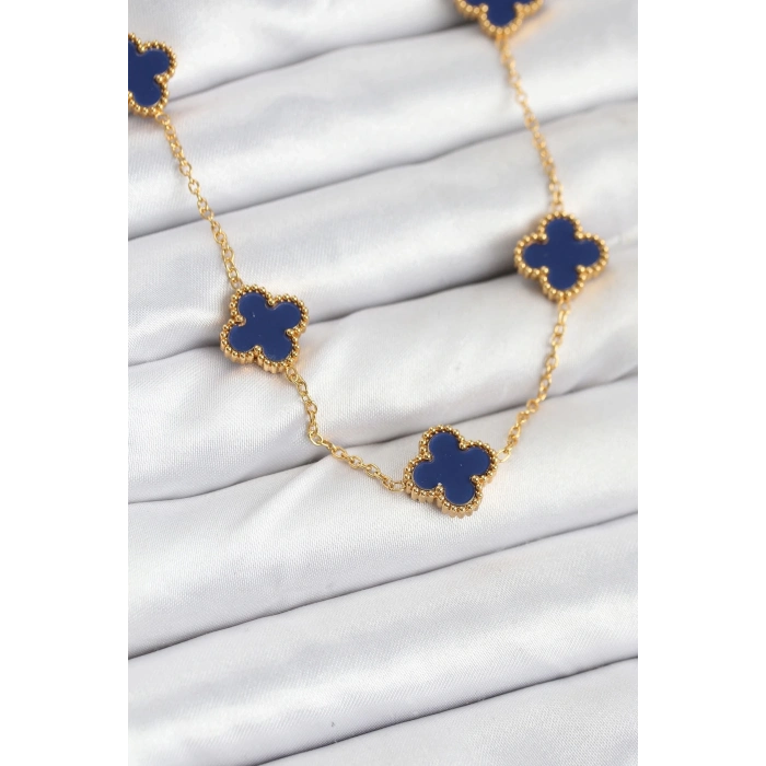ÇOK SATAN 316L Çelik Zincir Gold Renk Lacivert Yonca Kadın Kolye