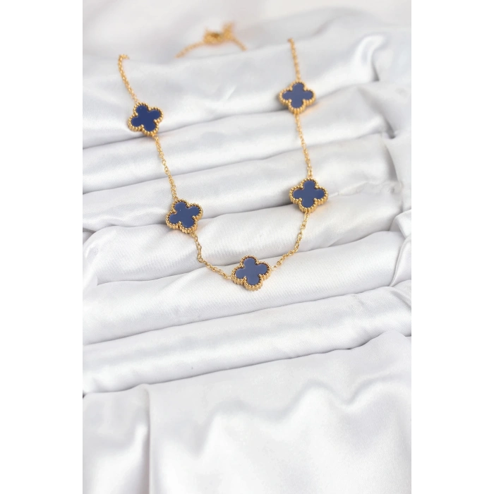 ÇOK SATAN 316L Çelik Zincir Gold Renk Lacivert Yonca Kadın Kolye