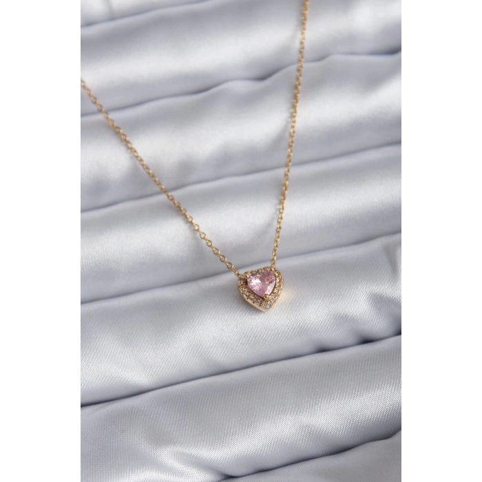 ÇOK SATAN 316L Çelik Zincir Gold Renk Pembe Zirkon Taşlı Charm Kadın Kolye