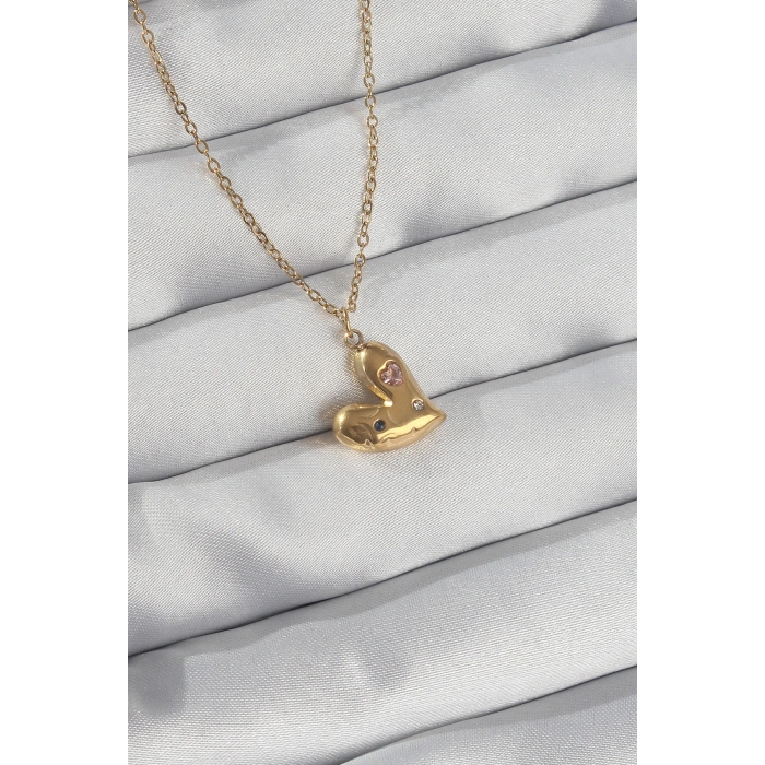 ÇOK SATAN 316L Çelik Zincir Gold Renk Renkli Zirkon Taşlı Kalp Kolye