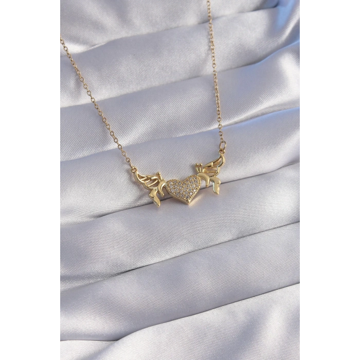 ÇOK SATAN 316L Çelik Zincir Gold Renk Zirkon Taşlı Kalp Model Kelebek Detay Kolye