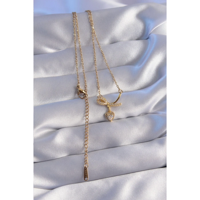 ÇOK SATAN 316L Çelik Zincir Gold Renk Zirkon Taşlı Yarım Fiyonk Kalp Kolye