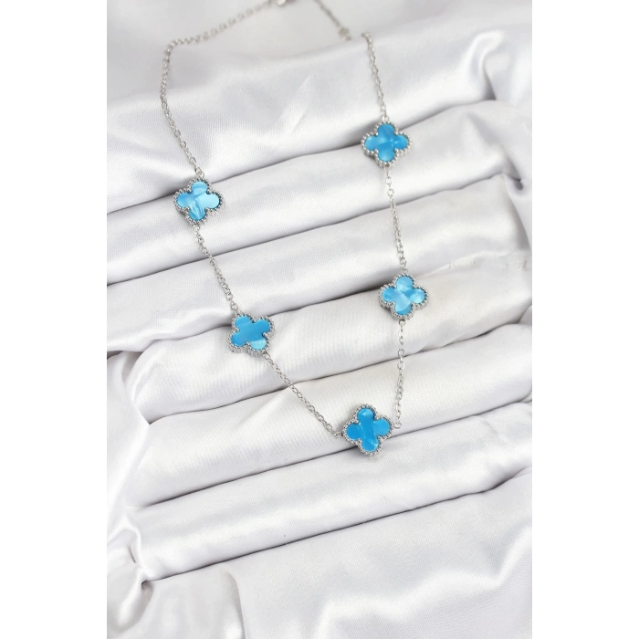 ÇOK SATAN 316L Çelik Zincir Gümüş Buz Mavisi Renk Yonca Kadın Kolye