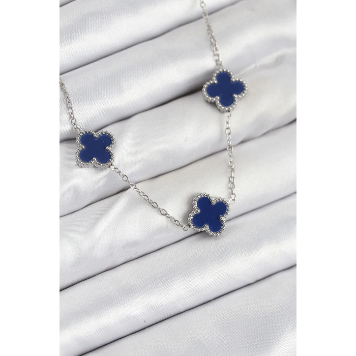 ÇOK SATAN 316L Çelik Zincir Gümüş Lacivert Renk Yonca Kadın Kolye