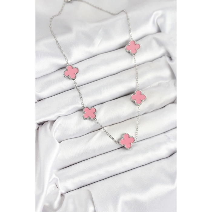 ÇOK SATAN 316L Çelik Zincir Gümüş Pembe Renk Yonca Kadın Kolye