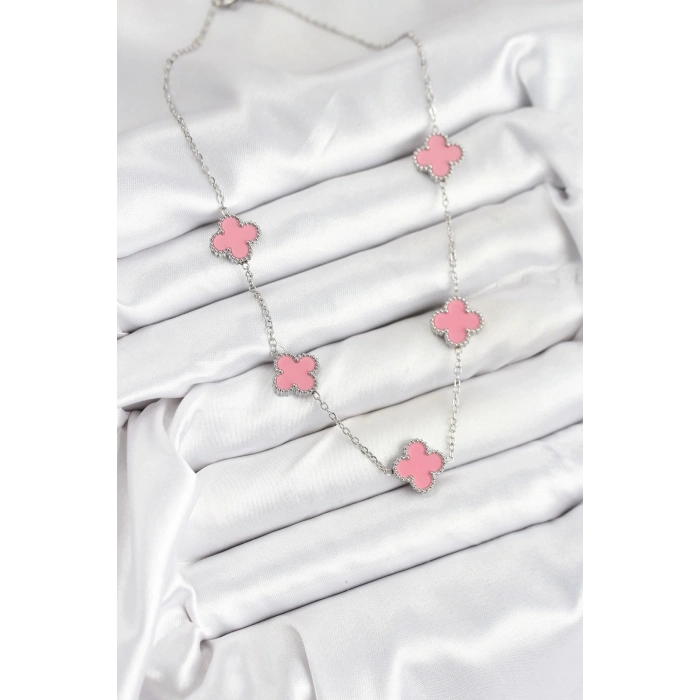 ÇOK SATAN 316L Çelik Zincir Gümüş Pembe Renk Yonca Kadın Kolye