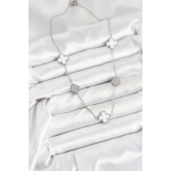 ÇOK SATAN 316L Çelik Zincir Gümüş Renk Beyaz ve Zirkon Taşlı Yonca Kadın Kolye