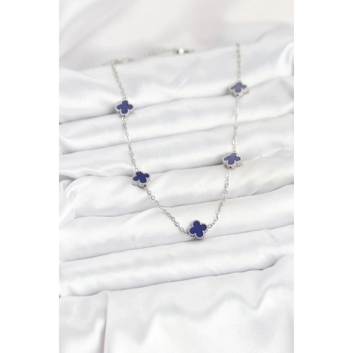 ÇOK SATAN 316L Çelik Zincir Gümüş Renk Lacivert Baby Boy Yonca Kadın Kolye