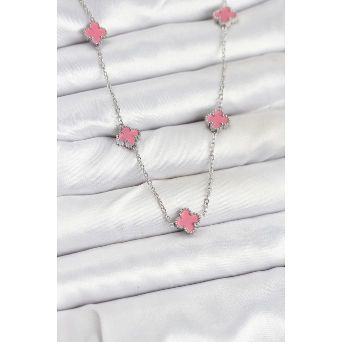 ÇOK SATAN 316L Çelik Zincir Gümüş Renk Pembe Baby Boy Yonca Kadın Kolye