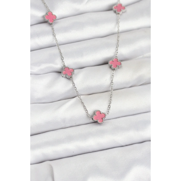 316L Çelik Zincir Gümüş Renk Pembe Baby Boy Yonca Kadın Kolye