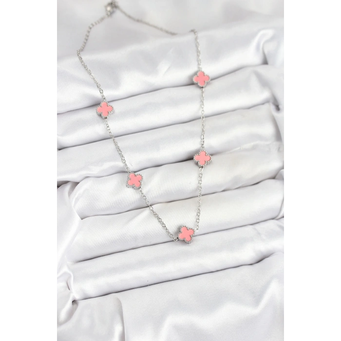 316L Çelik Zincir Gümüş Renk Pembe Baby Boy Yonca Kadın Kolye