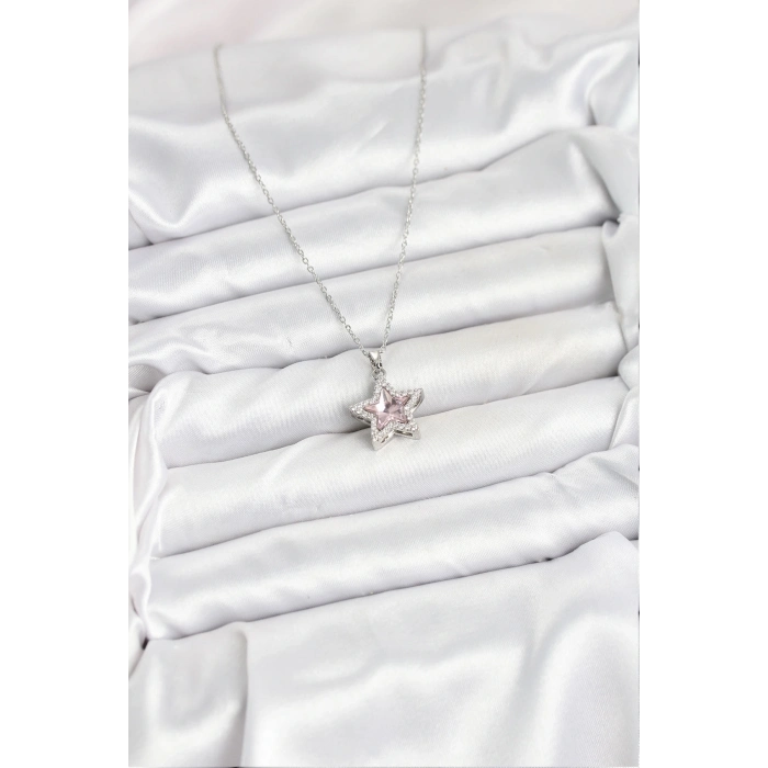 316L Çelik Zincir Gümüş Renk Pembe Taşlı Yıldız Model Kadın Kolye